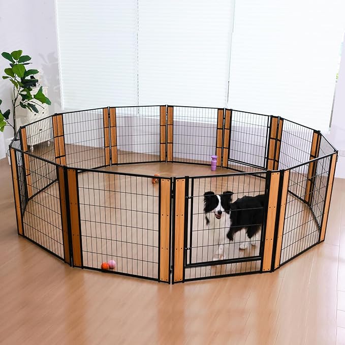 Heavy Duty Dog Playpen 32 Inch Height - Indoor Outdoor Pet Fence Enclosure for Medium and Small Dogs - Foldable Puppy Exercise Pen for Indoor and RV Camping or Yard (12 Panels, 32" H (Oak))