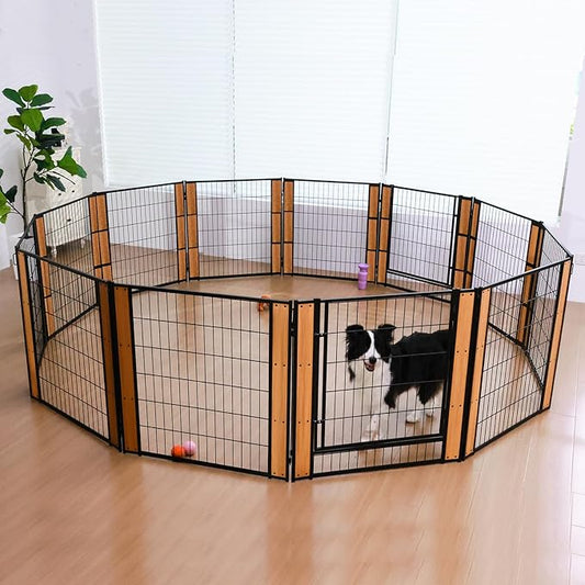Heavy Duty Dog Playpen 32 Inch Height - Indoor Outdoor Pet Fence Enclosure for Medium and Small Dogs - Foldable Puppy Exercise Pen for Indoor and RV Camping or Yard (12 Panels, 32" H (Oak))