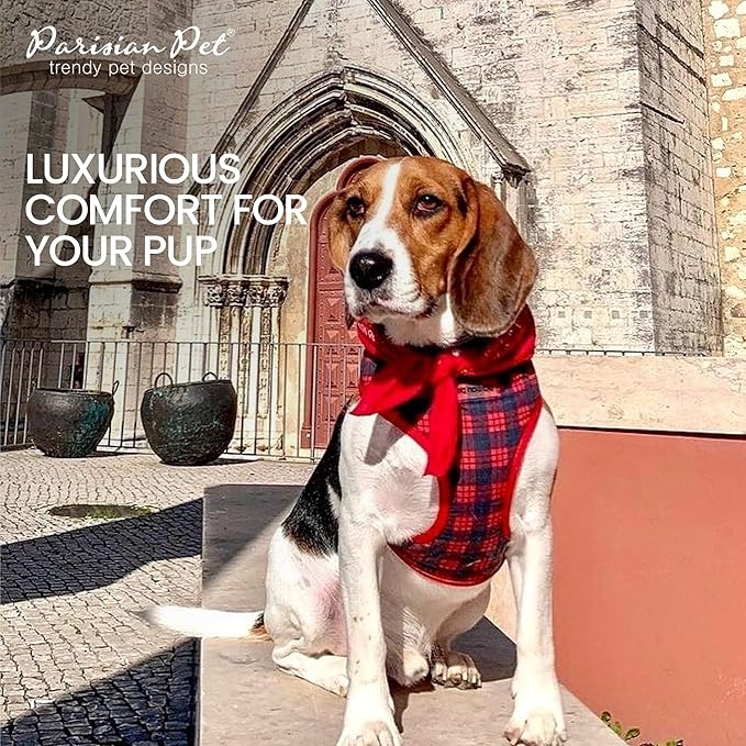 Parisian Pet Adjustable Plaid Red Dog Harness - 100% Mesh Fabric No Pull Vest for Small-Sized Dogs - Cooling for Walking, Running, and Hiking - Puppy Harness - S