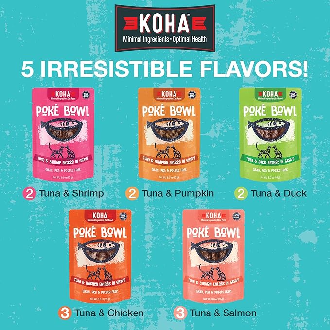 KOHA Poké Bowl Cat Variety Pack, Wet Cat Food in Gravy - 7 Flavors - Tuna Combinations of Salmon, Chicken, Lamb, Duck, Shrimp, and More - 3 oz Pouches, Pack of 12