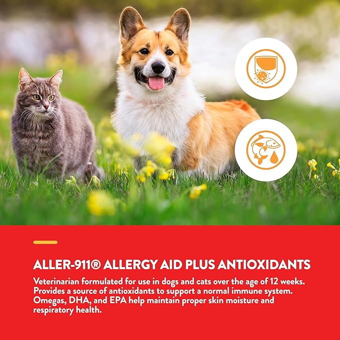 NaturVet Aller-911 Advanced Allergy Aid for Dogs, Cats – Antioxidant-Rich Pet Supplement with Omegas, DHA, EPA – Helps Support Dog Immune System, Cat Respiratory Health, Skin Moisture 60 Ct.