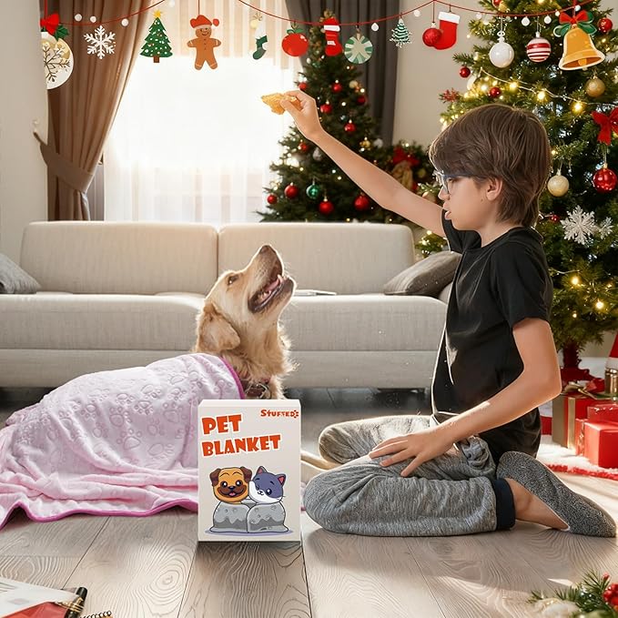 Stuffed Premium Soft Dog Blanket, with Flannel Grey Cute Paw Print, Cat Blanket Puppy Supplies Dog Products Stuff Essentials(Pink 32x40 inches)