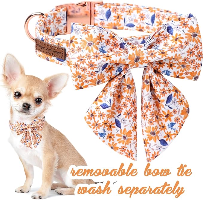 Unique Style Paws Autumn Leaf Collar with Bowtie Blue Leaf Flower Cotton Dog Collars for Small Medium Large Dogs