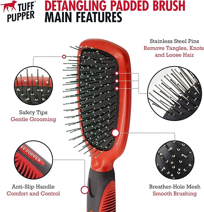 Tuff Pupper Stainless Steel Pin Brush for Long or Short Hair Pets - Detangling & Dematting Undercoat Brush for Dogs, Cats, and All Pets