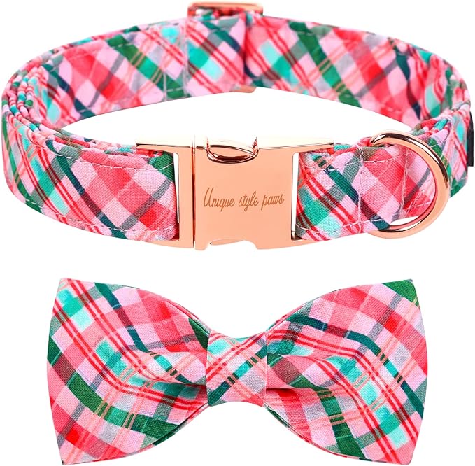 Unique style paws Dog Collar with Bow Pink & Green Plaid Dog Collar Best Gifts for Small Medium Large Dogs -S