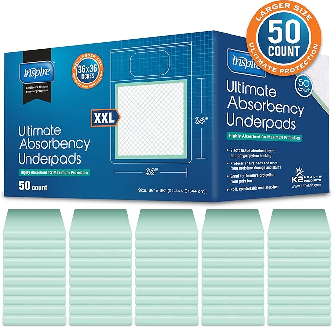 Inspire Extra Large Super Absorbent Disposable Bed Pads for Incontinence Ultra Thick and Absorbent Bed Pads Disposable Adult | Puppy Pads | Pee Pads for Adults (36" X 36" Pack of 50)