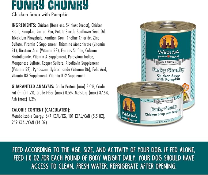 Weruva Classic Dog Food, Funky Chunky Chicken Soup with Chicken Breast & Pumpkin in Gravy, 14oz Can (Pack of 12)