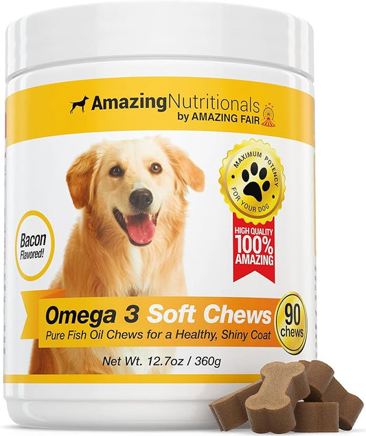 Amazing Omega 3 for Dogs - Omega 3 Fish Oil for Dogs Supplement for Itchy Skin Relief for Dry Skin and Hot Spots and Shedding Coat with EPA and DHA Fatty Acids - 90 Bacon Soft Chews
