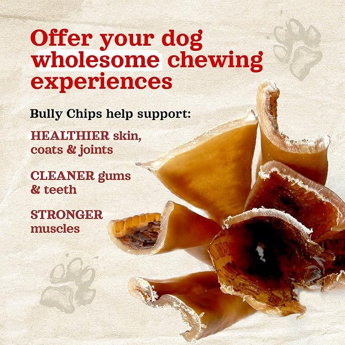 Natural Farm Bully Chips (9-12 Inch, 8 Oz.), Digestible Beef Cheek from Grass-Fed Cows, Non-GMO, Grain-Free, Natural Long-Lasting Dog Chews for Small, Medium & Large Dogs, Great Rawhide Alternative