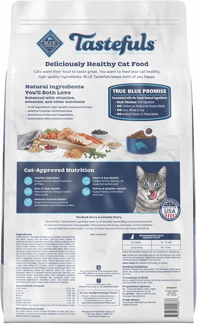Blue Buffalo Tastefuls Natural Dry Food for Adult Indoor Cats, Chicken & Brown Rice Recipe, 15-lb. Bag
