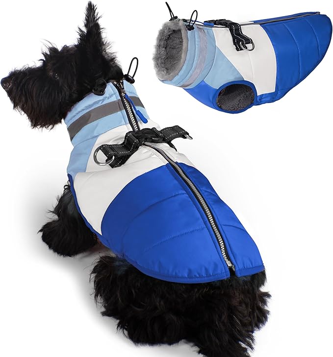 azuza Dog Jacket for Medium Dogs Waterproof Dog Coat with Reflective Strips and Harness Built in Warm Fleece Dogs Winter Coat Windproof with Back Zipper, Blue XL