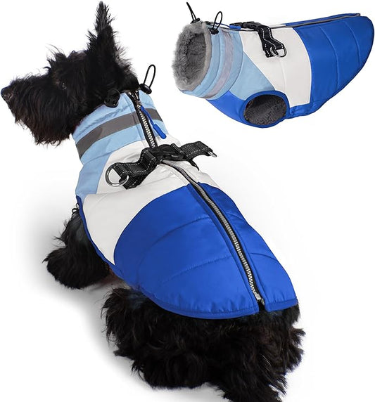 azuza Dog Jacket for Small Dogs Waterproof Dog Coat with Reflective Strips and Harness Built in Warm Fleece Dogs Winter Coat Windproof with Back Zipper, Blue M