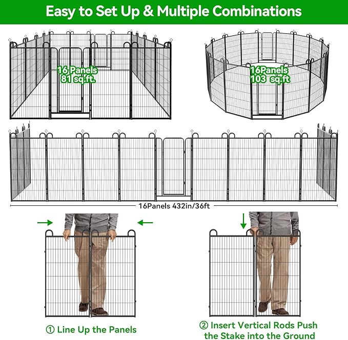 Dog Playpen Outdoor 16 Piece Panels Heavy Duty Dog Fence 47" Height Anti-Rust with Doors Portable for RV Camping Yard, Total 36FT, 103 Sq.ft, Snowy Black