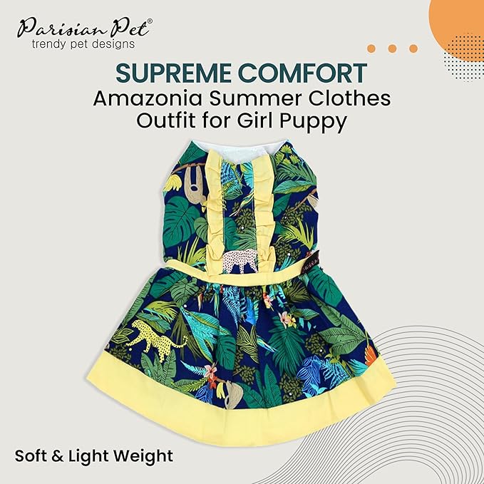 Parisian Pet Amazonia Dog Dress - Leafy Summer Clothes - Magic Strap Closure Beach Outfit - Lightweight Dressy Outfit - Dresses for Small Dogs Girl S