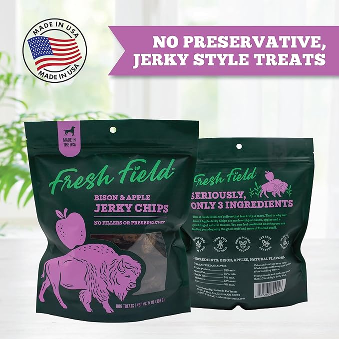 Fresh Field Bison & Apple Jerky Chips, 14 oz – All-Natural Dog Treats, USA Made, Ideal for Picky or Allergy-Prone Pets