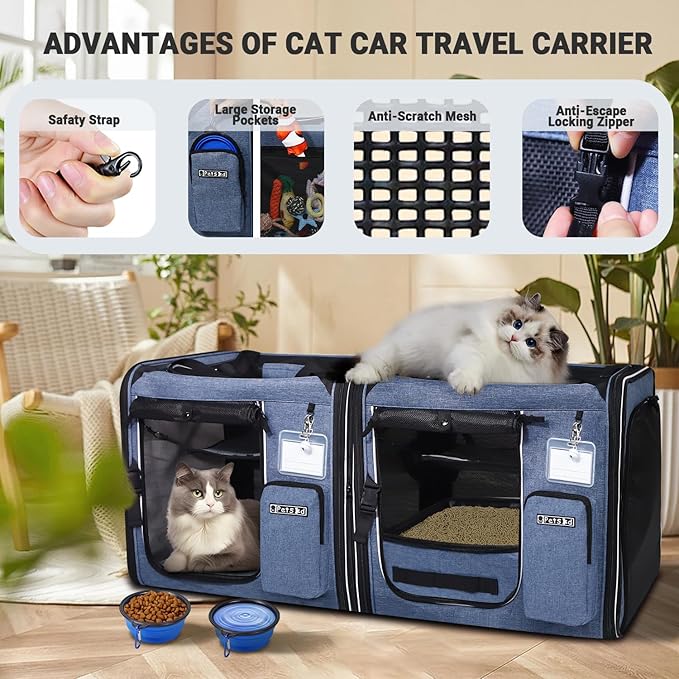 Petskd 2 in 1 Double Cat Car Travel Carrier with Litter Box, 38"x17"x18" Portable Dual Extra Large Cat Carrier for Multiple Cats with Zipper Locks for Moving Across The Country