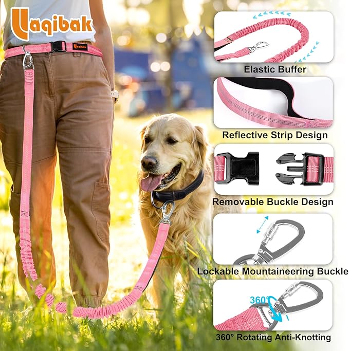 Hands Free Dog Leash, Adjustable Waist Leash for Dog Walking, Dual Handle Bungee Dog 4.2-6.7 Feet Long with Reflective Stitches for Walking Hiking Running, Fits 26"- 43" Inch Waist, Pink