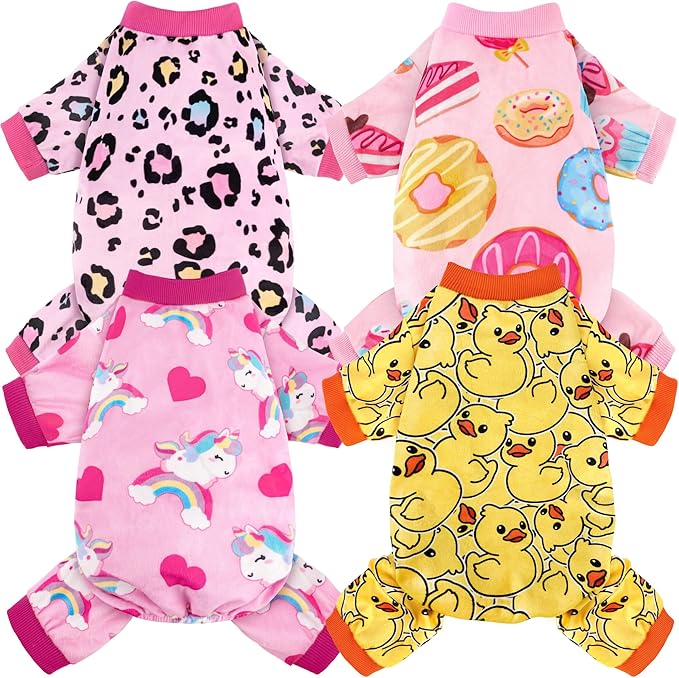 4 Pack Dog Pajamas Soft Lightweight Dog Recovery Suit Onesie Clothes for Small Medium Female Boys Girls Dogs Cats (XS (Back: 8",Chest: 12", Neck: 9"), Leopard,Donut,Unicorn,Duck)