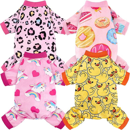 4 Pack Dog Pajamas Soft Lightweight Dog Recovery Suit Onesie Clothes for Small Medium Female Boys Girls Dogs Cats (XXL (Back: 17.8",Chest: 22.8", Neck: 13"), Leopard,Donut,Unicorn,Duck)