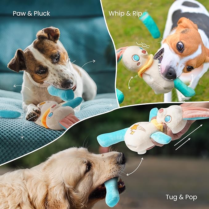 Nocciola Tearable Pull Rip Apart Bunny Dog Toy with Squeaker & Crinkle - Interactive Stuffed Plush Toy to Keep Dogs Busy, Pet Puzzle Enrichment Chew Toys for Small Medium Large Breeds