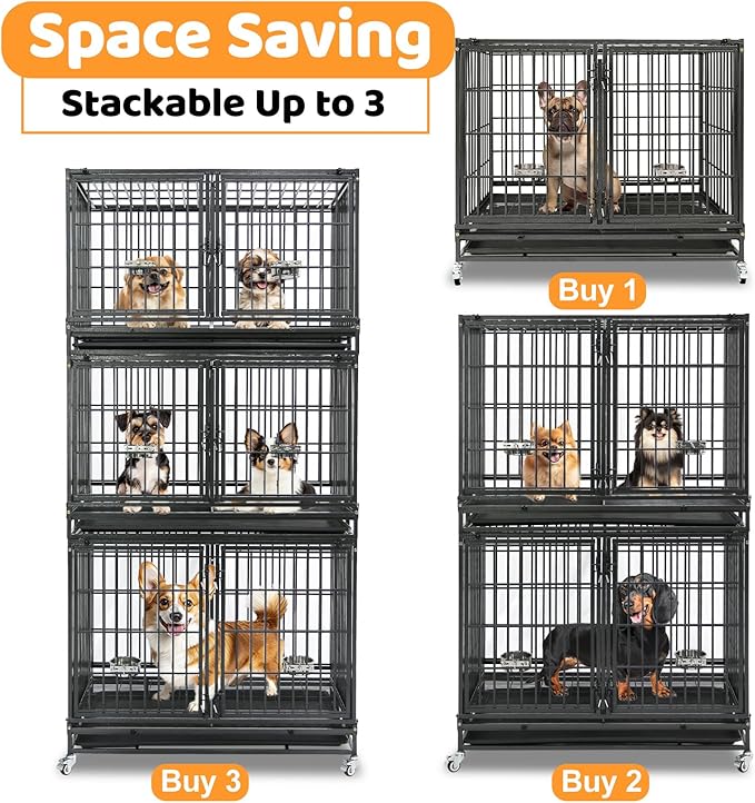 Homey Pet 42 inch Stackable Heavy Duty Dog Crate Cage on Wheels with Divider, 2 Bowls, 4 Lockable Wheels, Tray, Indestructible Escape Proof Lager Dog Kennel Indoor