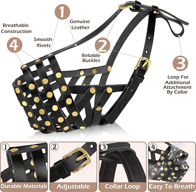 OOPSDOGGY Rottweiler Dog Muzzle for Large Dogs - Leather Breathable Secure Basket Muzzle for Large Breeds Prevents Biting No Chewing Adjustable (Black, Size 5 - Rottweiler)