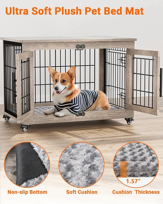 Dog Crate Furniture with Cushion Set of 2, Wooden Dog Kennel Indoor with Wheels & Double Doors, Dog Cage Side End Table for Medium Small Dogs up to 45 lb, 32.5” L, Grey