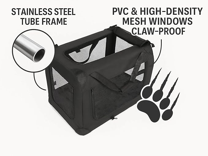 Meraki Home 3-Door Soft-Sided Mesh Pet Carrier – Portable Foldable Travel Crate Kennel for 2 Cats, Medium Dogs, Rabbits – Indoor/Outdoor Use, M Size (27"x21"x21"), Black