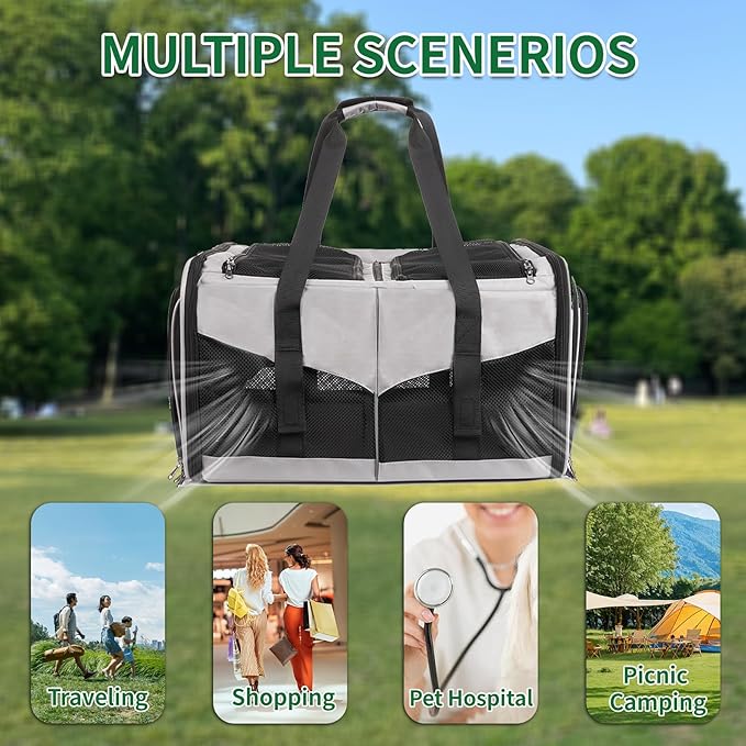 Cat Carrier with Litter Box - INRLKIT Cat Carrier for 2 Cats, Portable 2-in-1 Double Cat Travel Carrier Bag for Traveling, Expandable Pet Carrier for Car, Portable Travel Litter Box for Cats (Grey)