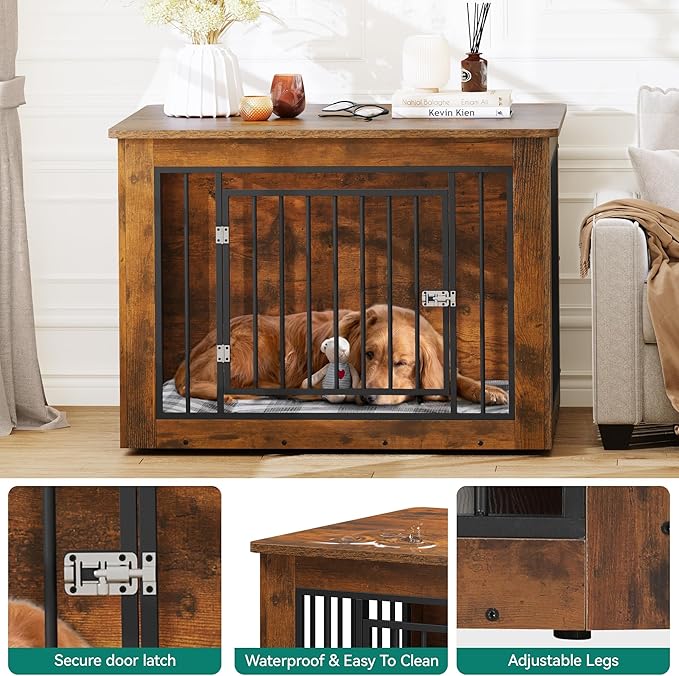 YITAHOME 43.7" L Dog Crate Furniture for Large Dog, 2-in-1 Iron-Wood Fusion Modern Dogs Kennel Indoor up to 80 lb, Side End Table, Adjustable feet, Waterproof Top, Safety Corners, Rustic Brown