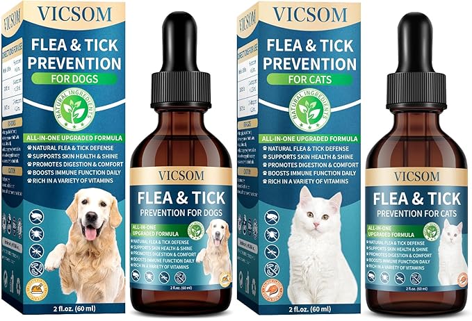 VICSOM Cat & Dog Flea Prevention Bundle: Natural 3-in-1 Herbal Drops for Sensitive Pets - Salmon (Cat) + Chicken (Dog) Flavor | Seasonal Support, Digestive Health & Skin Care