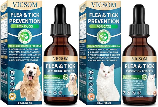 VICSOM Cat & Dog Flea Prevention Bundle: Natural 3-in-1 Herbal Drops for Sensitive Pets - Salmon (Cat) + Chicken (Dog) Flavor | Seasonal Support, Digestive Health & Skin Care