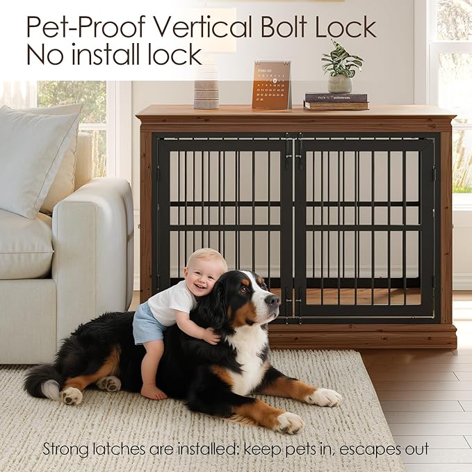 48 in Dog Crate Furniture for Dogs- Solid Wood Large Dog Crate Sideboard and TV Stand, Large Wood Kennel-((Brown+Black)