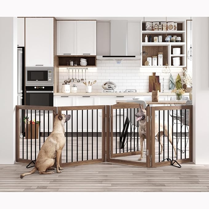 Vantas Folding Pet Gate 96" Wide, 30" Tall No-Assembly Wooden Dog Gate with Door Walk Through, Freestanding Pet Gate, Puppy Safety Fence, with 2PCS Support - Brown