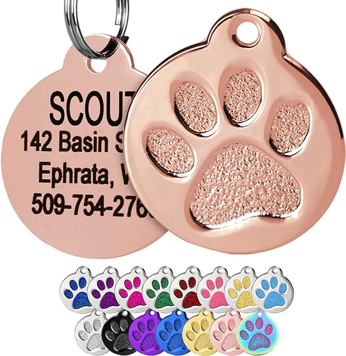 GoTags Paw Print Round Stainless Steel Pet Tag for Dogs and Cats, Personalized with 4 Lines of Custom Engraved ID Name and Number, in Stainless Steel and 15 Colors Small and Large, Rose Gold