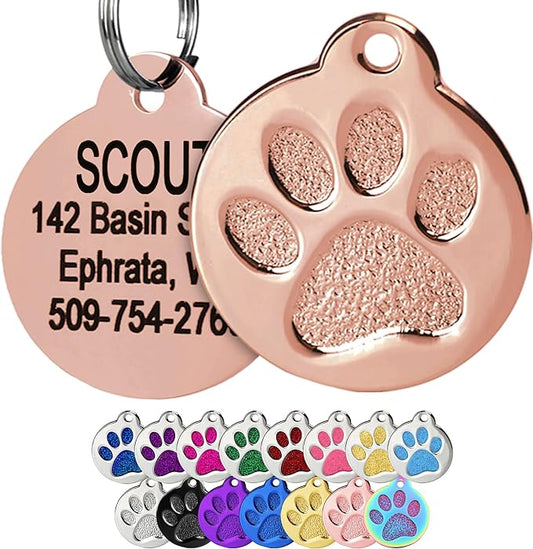 GoTags Paw Print Round Stainless Steel Pet Tag for Dogs and Cats, Personalized with 4 Lines of Custom Engraved ID Name and Number, in Stainless Steel and 15 Colors Small and Large, Rose Gold