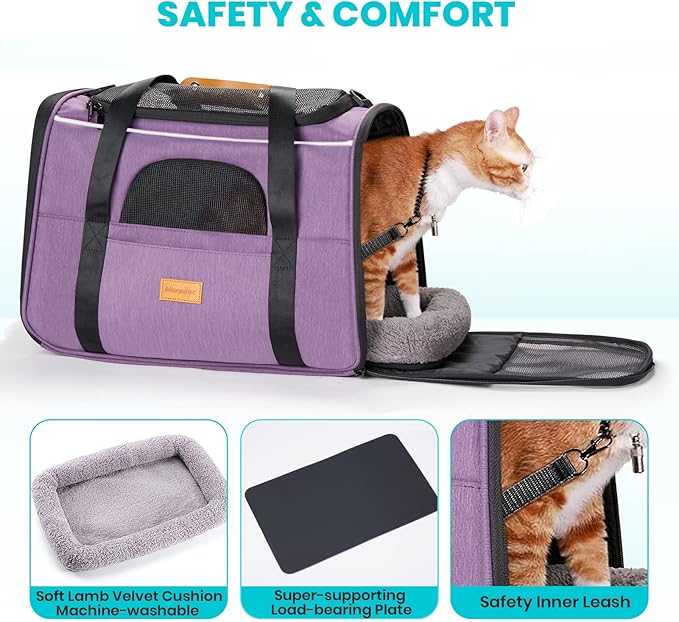 Morpilot Cat Carrier - Soft Sided Cat Carrier Large for Big Medium Cats and Puppy up to 18lbs, Pet Carrier with Safety Zippers, Foldable Bowl, Airline Approved Large Dog Carrier - Purple