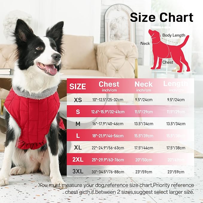 Warm Fleece Dog Coats with Durable Harness Buitl in D-Ring,Waterproof Doggie Jacket for Medium Dogs,Dog Vest for Cold Winter,Red L