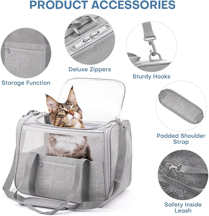 JUNGYOON Large Cat Carrier – Soft-Sided Airline-Approved Pet Carrier Bag with Top Opening, Portable Travel Carrier for Big Cats & Dogs Up to 20lbs – Safety Zippers, Collapsible Bowl,Grey