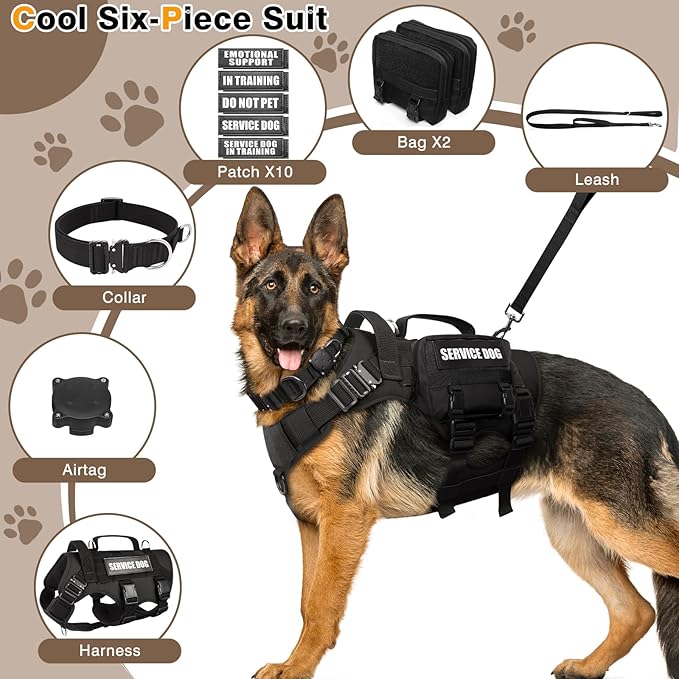 WINSEE Tactical Dog Harness with Dog Leash, Dog Collar, Service Working MOLLE Vest with 10 Pet Patches for Large Dog, No Pull Military Harness and Backpack with Airtag Holdler