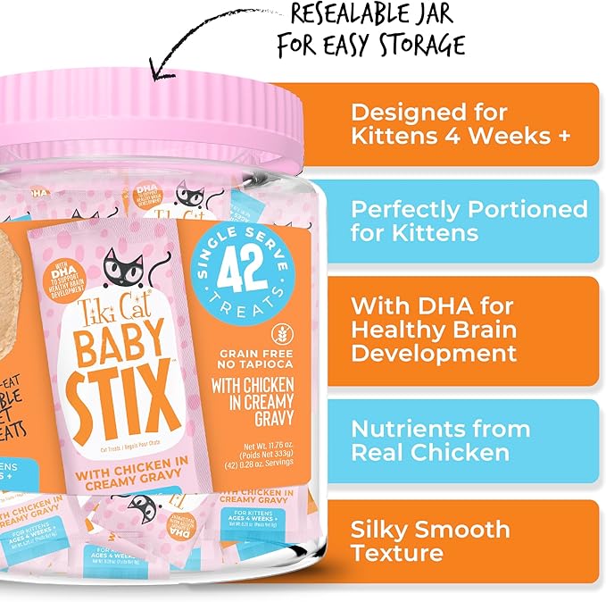 Tiki Cat Baby Stix Wet Cat Treats, Chicken in Creamy Gravy, 0.28 oz. Sachets (42 Count Jar)