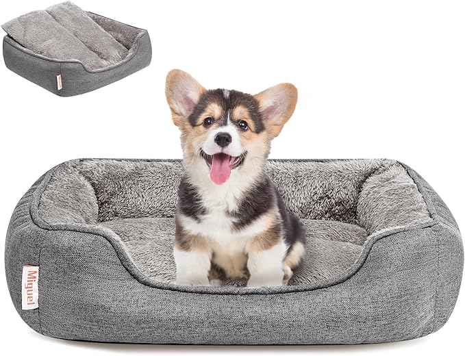 Miguel Faux Linen Dog Bed with Removable Cushion Pillow for Medium Small Dogs, Washable Pet Bed with Side Easy to Wash Puppy Bed, Rectangle Cat Bed for Indoor Cat with Anti-Slip Bottom, Gray 20 Inch