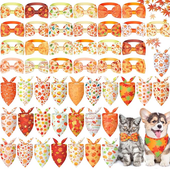 Sanwuta 50 Pcs Thanksgiving Fall Dog Bandanas Bulk and Collar Bow Ties Set 25 Autumn Bandanas 25 Fall Charm Dog Collar Pet Maple Leaves Pumpkin Triangle Pet Scarf Bowtie for Small Medium Large