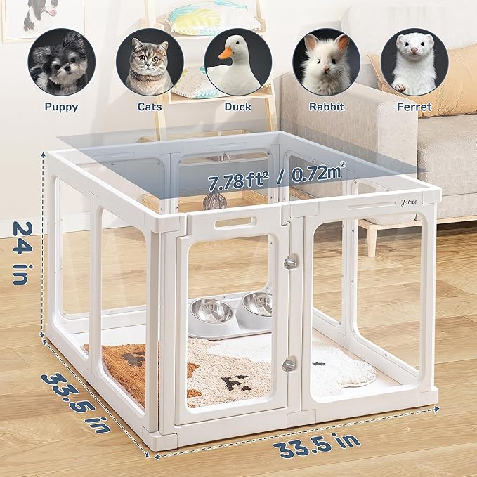 Jalove Clear Dog Playpen Indoor, 24" Acrylic Plastic Pet Play Pen with Door, Playpen for Puppy Cat Rabbit Ferret, Easy to Install Preferable Playpen for Small Dogs, Customizable, White 8 PCS