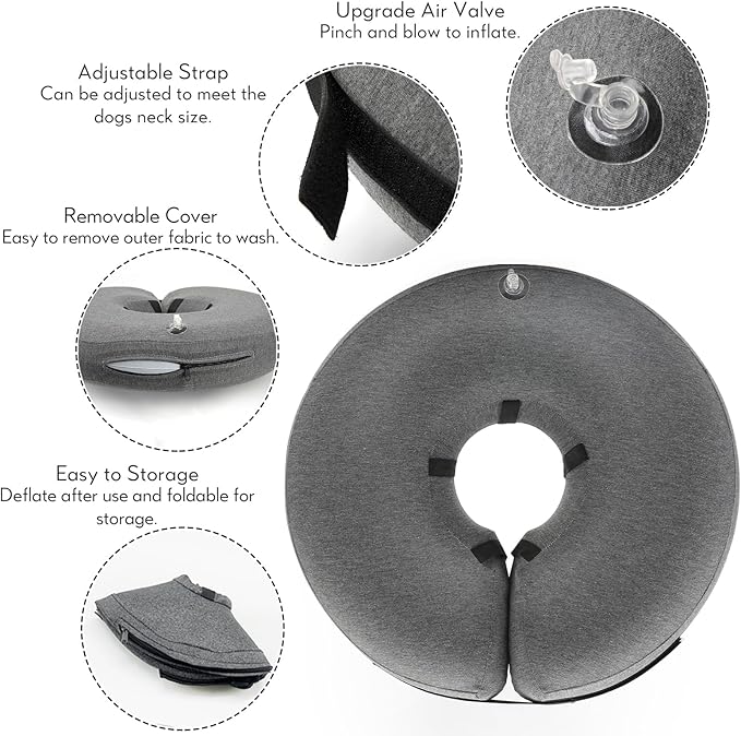 MIDOG Inflatable Dog Cone Alternative for After Surgery - Soft Protective Donut Collar Prevents Licking & Allows Eating, Comfortable Recovery E-Collar Alternative for Small Medium Large Dogs (Gray,S)