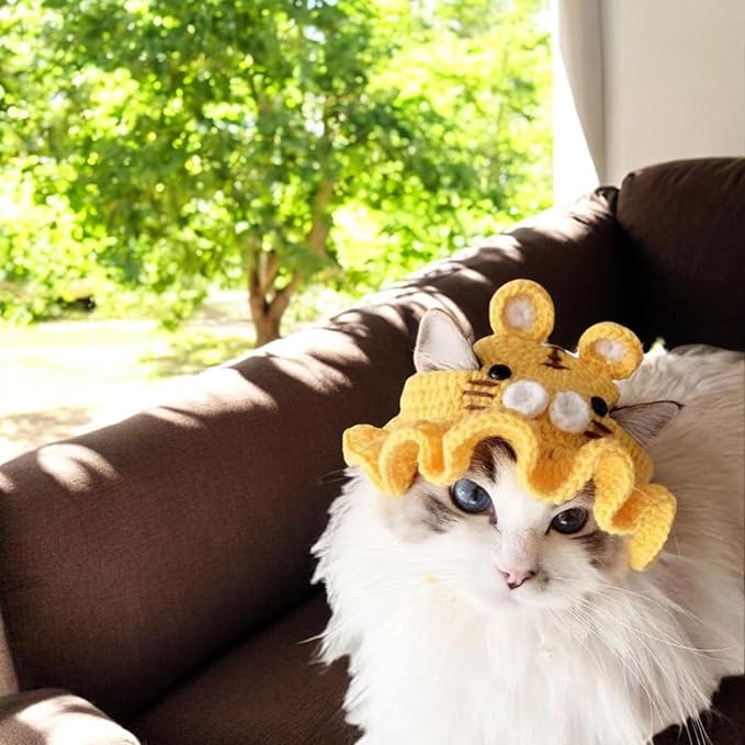 2Pcs Cute Knitted Hat for Cat, Funny Bunny Crochet Hats for Cats Guinea Pig Small Dog Rabbit, Pet Cat Costume for Birthday Party Christmas Halloween, Bunny Costume Accessories (Rabbit, Tiger)