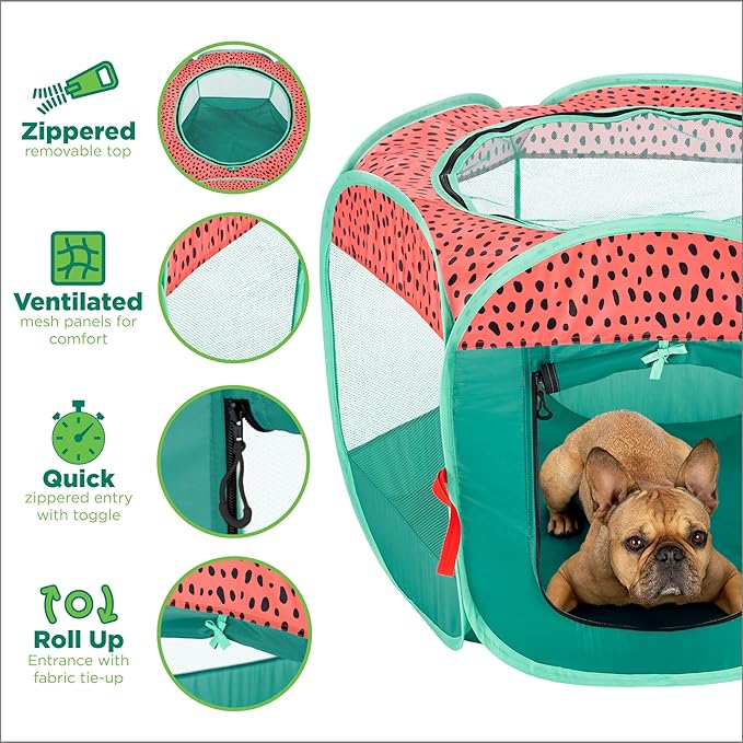 Furhaven Portable Dog Playpen Cat Tent, Pet Playground/Kennel Foldable Indoor Outdoor Zippered Puppy Crate - Green & Pink, Extra Large