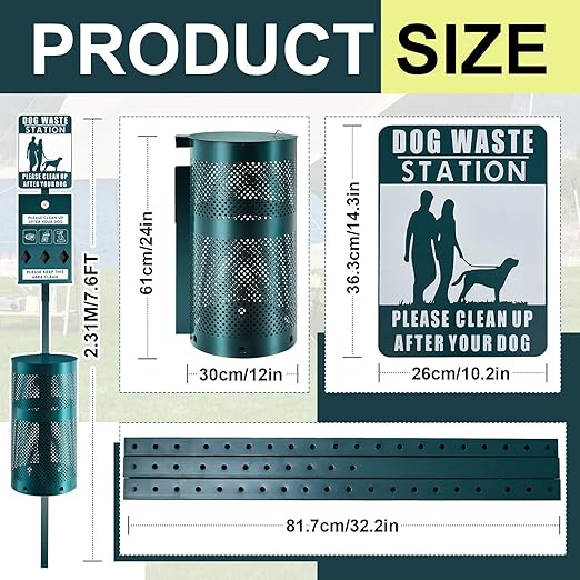 Dog Waste Station Galvanized Steel Outdoor Pet Bin with Poop Bag Dispenser Reflective Sign Rust Proof for Backyard Commercial Park