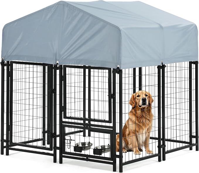 Outdoor Dog Enclosure Heavy Duty Dog Kennel House Mesh Dog Big Cage Pet Kennel Steel Fence with Secure Lock and UV-Resistant Waterproof Roof Cover for Outside (4x4x6 FT)
