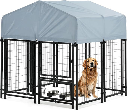 Outdoor Dog Enclosure Heavy Duty Dog Kennel House Mesh Dog Big Cage Pet Kennel Steel Fence with Secure Lock and UV-Resistant Waterproof Roof Cover for Outside (4x4x6 FT)